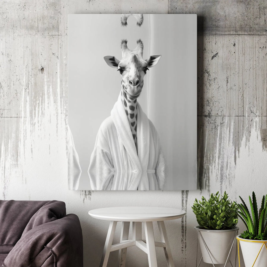 Giraffe in Bathrobe Canvas Wall Art | Quirky Animal Bathroom Decor | Premium Gallery Wrapped Print | Funny Spa Themed Home Gift