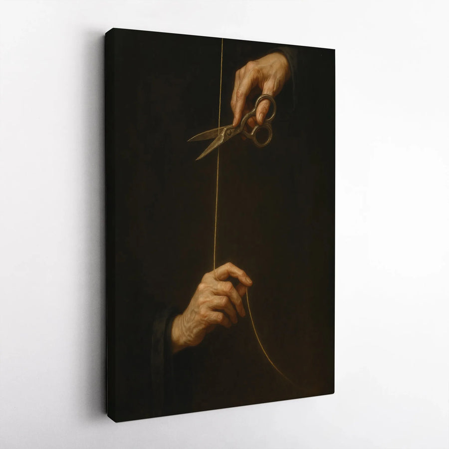 Atropos Cutting Thread of Life Canvas | Dark Academia Mythological Wall Art | Premium Frameless Print | Symbolic Home Decor Gift