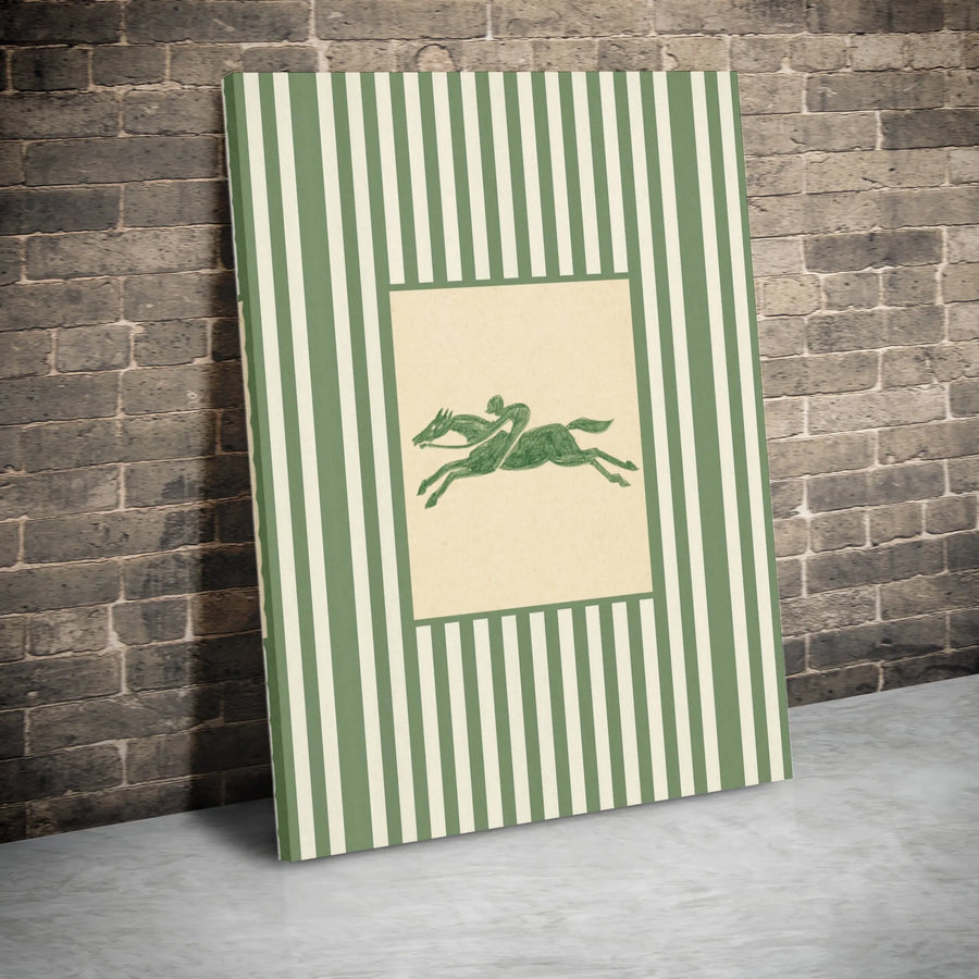 Equestrian Wall Art | Vintage Jockey Horse Sketch with Green Cream Stripes | Premium Gallery-Wrapped Canvas | Sophisticated Home Decor Gift