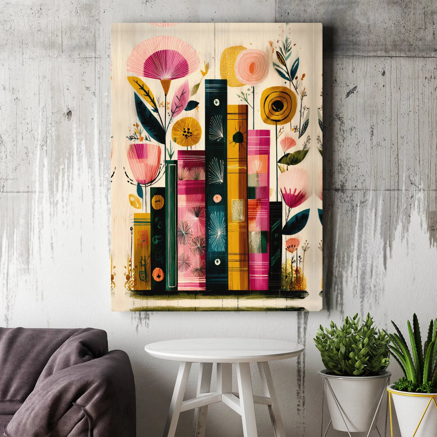 Floral Bookshelf Canvas Print | Retro Botanical Illustration | Premium Gallery Wrapped Canvas | Gift for Book Lover and Reader