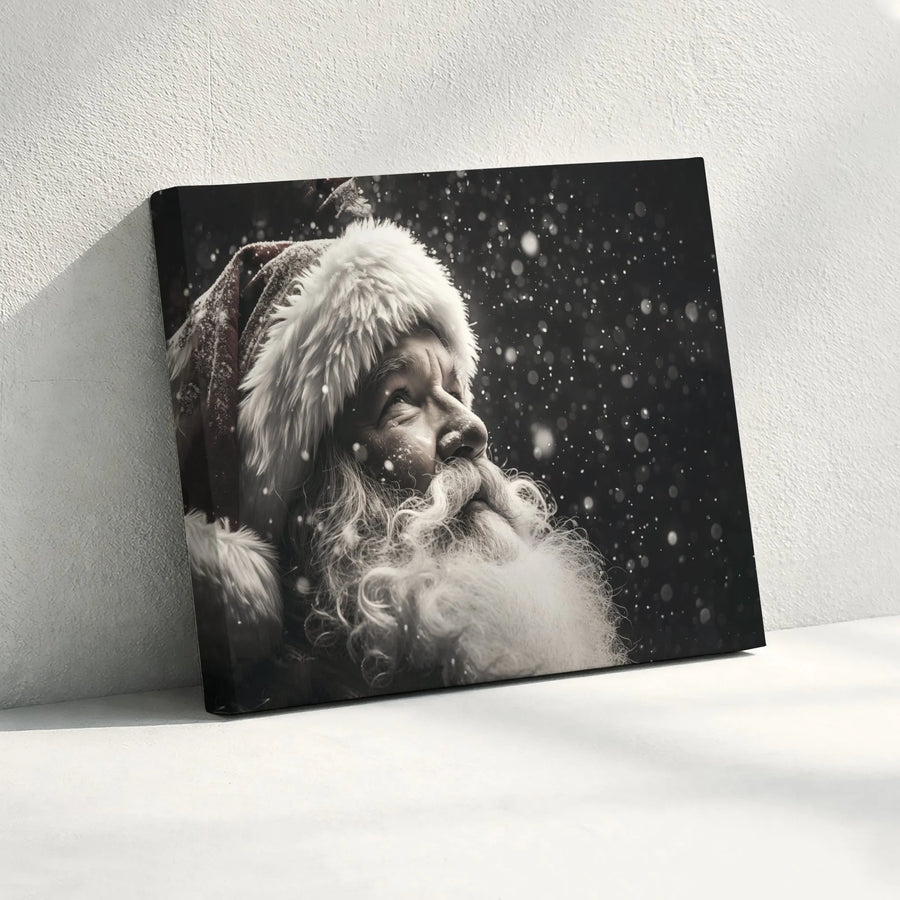 Santa Claus Canvas Wall Art | Black and White Snowy Portrait | Premium Gallery Wrap Print | Festive Holiday Home Decor