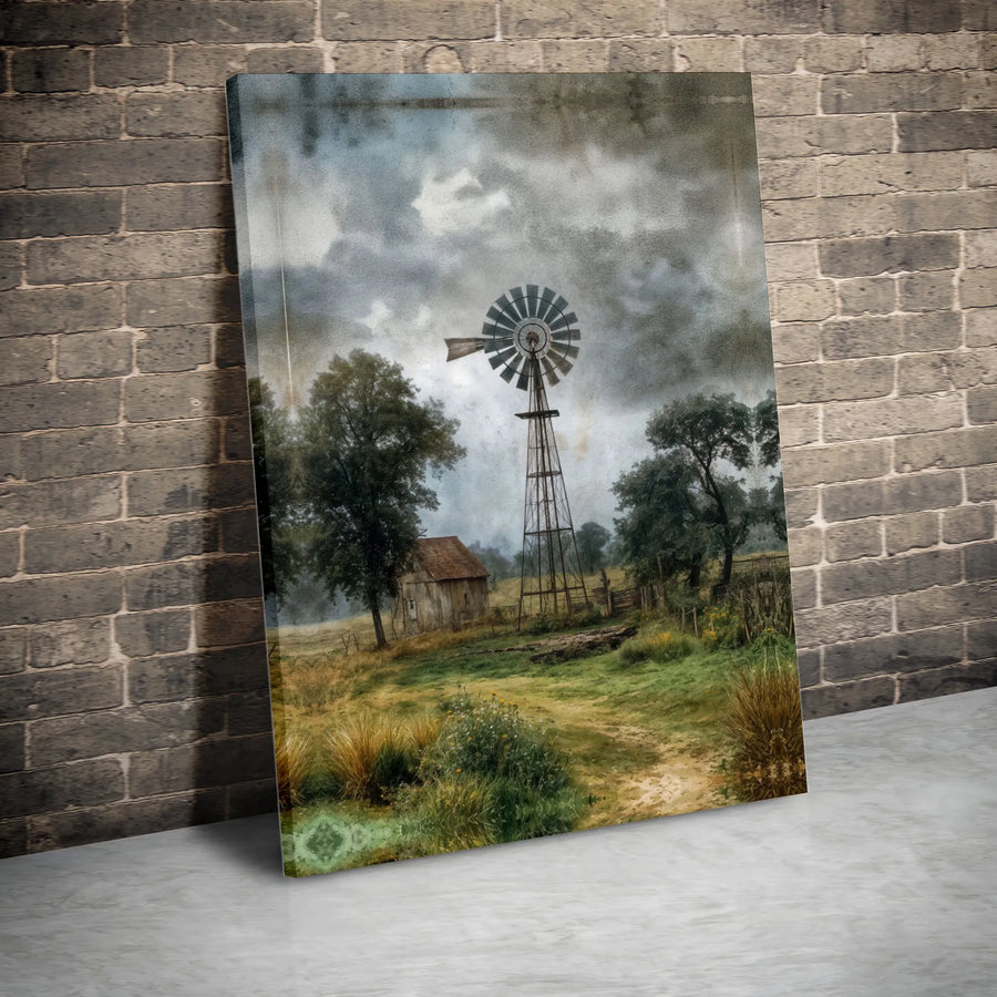 Rustic Windmill Canvas Print | Vintage Farmhouse Scene with Barn | Premium Gallery Wrapped Canvas Art | Country Home Living Room Wall Decor