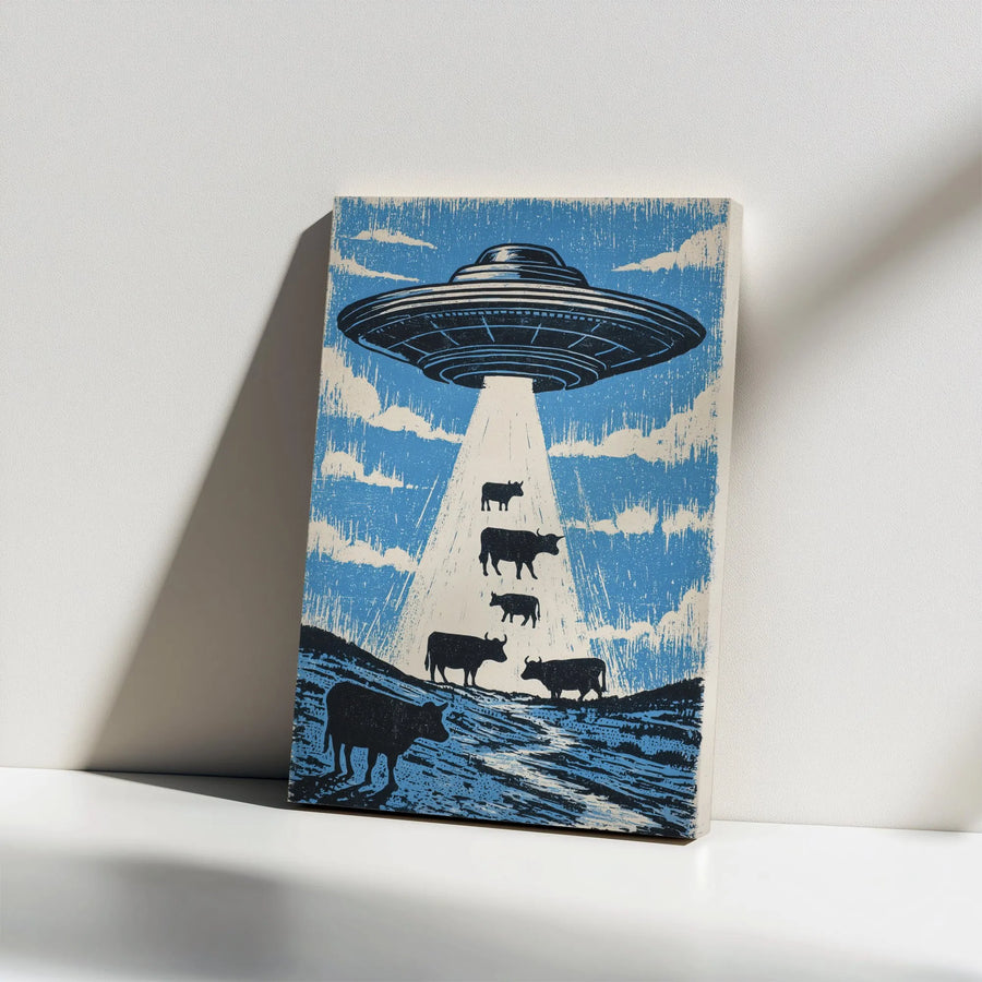 UFO Cow Abduction Vertical Canvas | Retro Sci-Fi Woodcut Style Print | Premium Gallery Wrapped Wall Art | Funny Home Decor Gift for Alien Fans