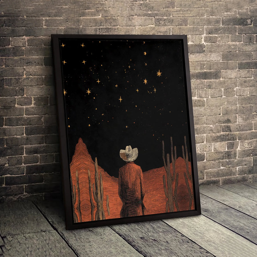 Cowboy Stargazing Canvas Wall Art | Western Desert Night Landscape | Premium 1.25 Inch Gallery Wrap | Southwestern Home Decor Gift