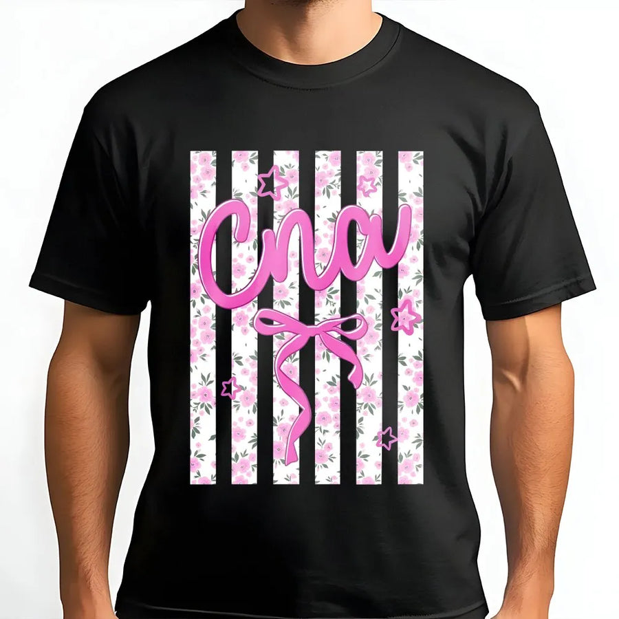 CNA T-Shirt for Nurses | Preppy Coquette Floral Stripe Design | Soft Comfort Colors Cotton | Nursing Student & RN Appreciation Gift