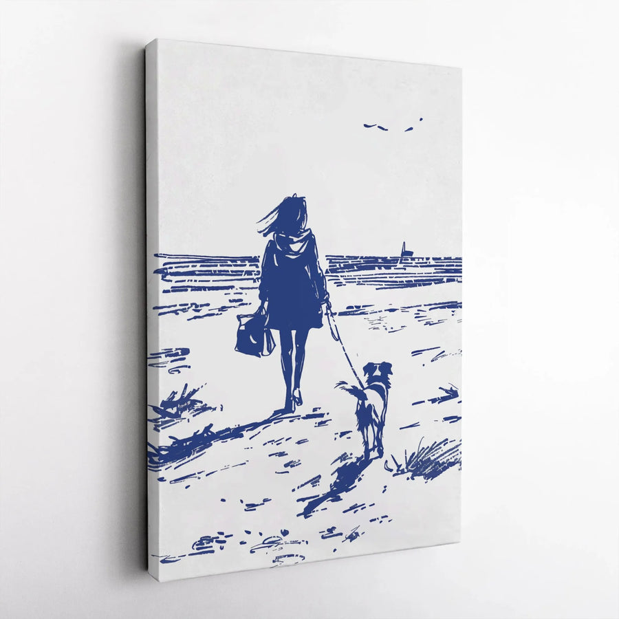 Woman Walking Dog Canvas Wall Art | Minimalist Seaside Sketch Print | Premium Thick Gallery Wrap | Modern Coastal Home Decor Gift for Dog Lovers