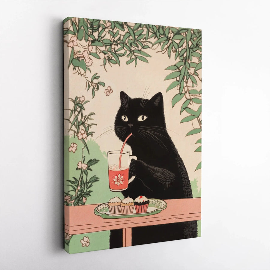 Japanese Style Black Cat Wall Art | Whimsical Cafe Scene Canvas | Premium Gallery Wrap Decor | Gift for Cat Lovers & Kitchen Decor