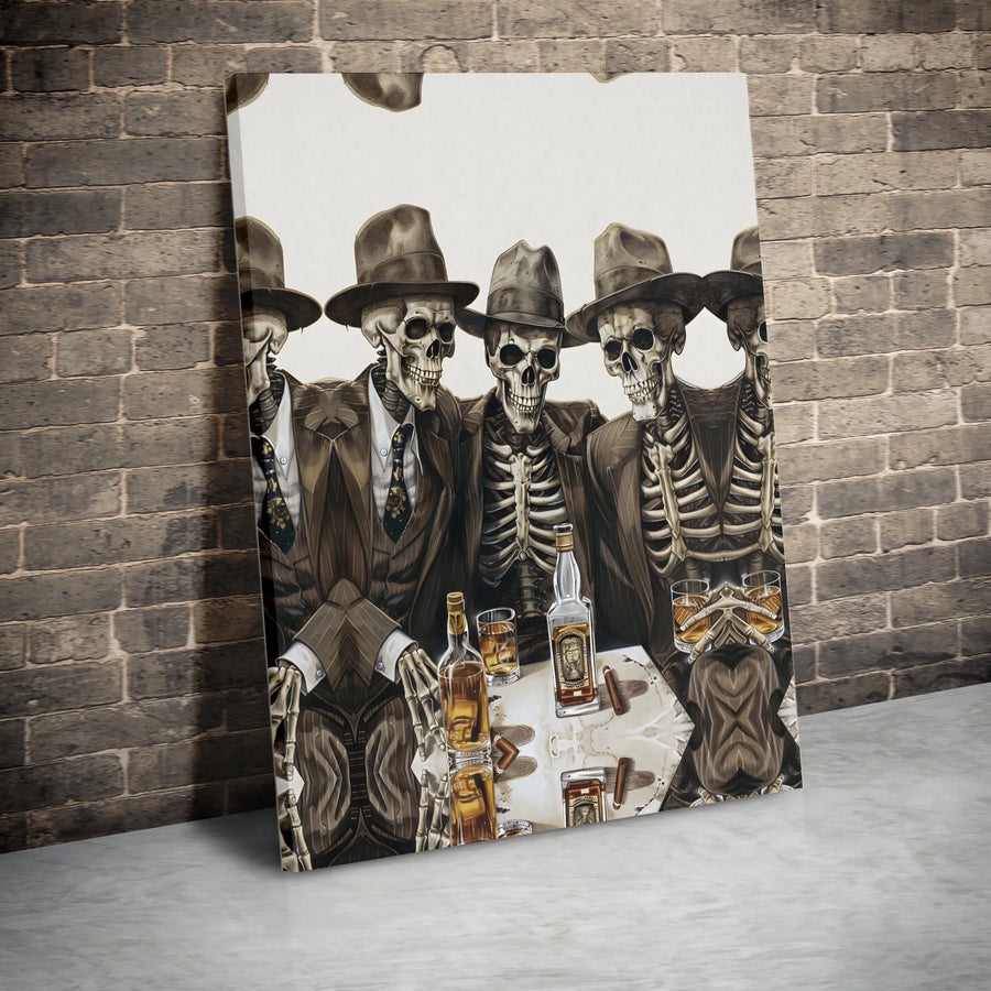 Gangster Skeleton Wall Art | Poker Night Whiskey Drinkers | Premium Gallery Canvas | Unique Man Cave Decor Gift