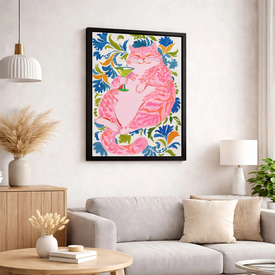 Pink Cat Wall Art | Whimsical Martini Drinking Cat Floral Canvas | Premium Gallery-Wrapped Print | Fun Gift For Cat Lovers And Home Decor