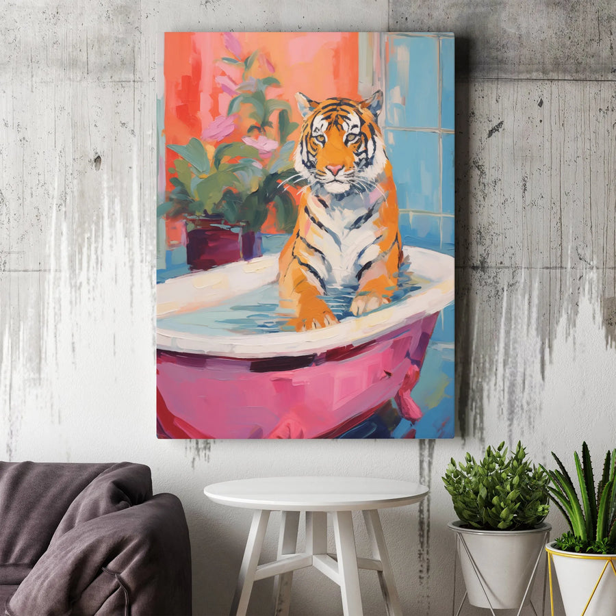 Tiger In Bathtub Wall Art | Whimsical Animal Bathroom Decor Print | Premium Fade-Resistant Canvas | Unique Gift For Animal Lovers