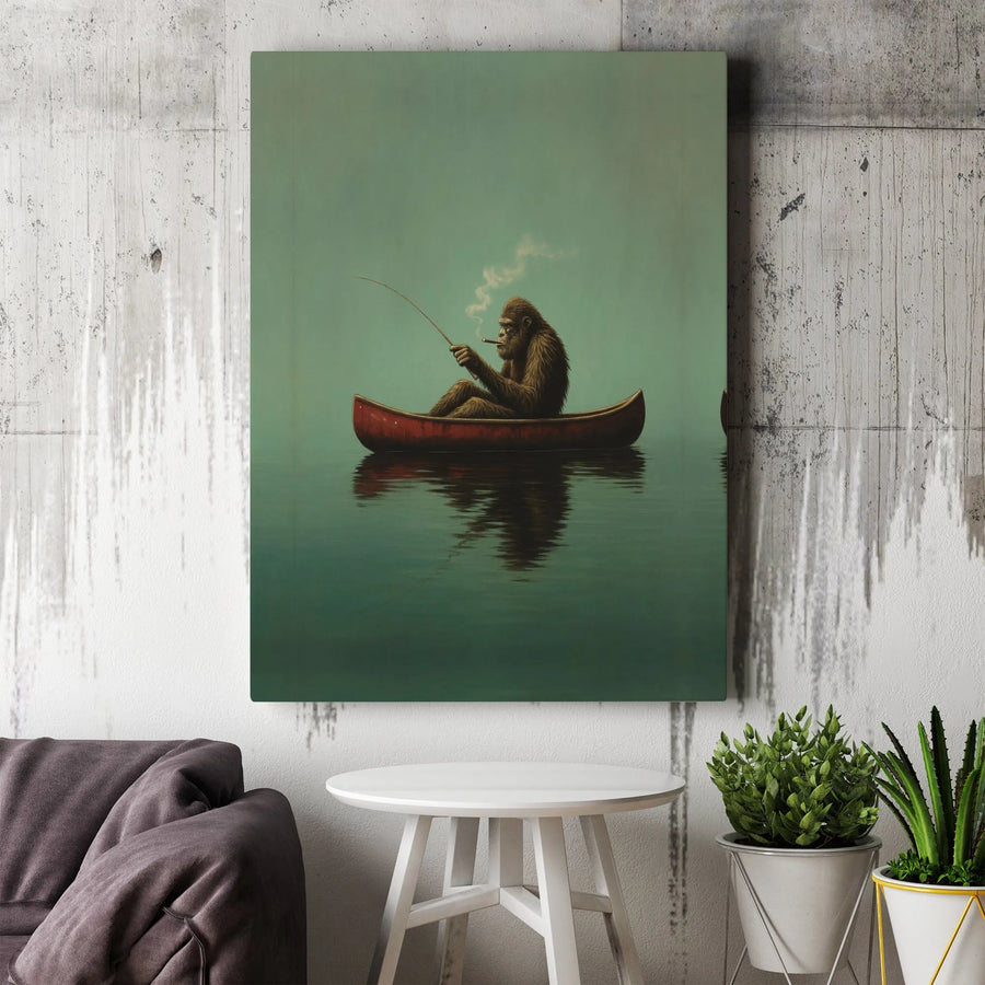 Bigfoot Smoking Cigar Fishing Canvas | Whimsical Outdoorsman Wall Art | Premium Fade-Resistant Print | Unique Gift for Cabin or Cabin Decor