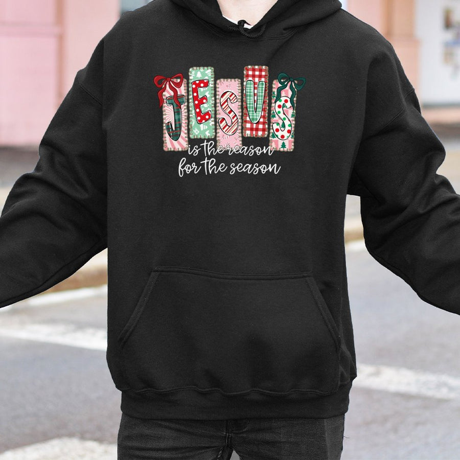 Jesus Is The Reason For The Season Hoodie | Festive Plaid Bow Graphic | Premium Cotton Blend | Christian Christmas Gift for Women