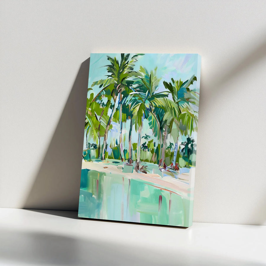 Tropical Palm Trees Vertical Canvas | Abstract Beach Scene Painting | Premium Canvas Print | Modern Coastal Home Decor Gift