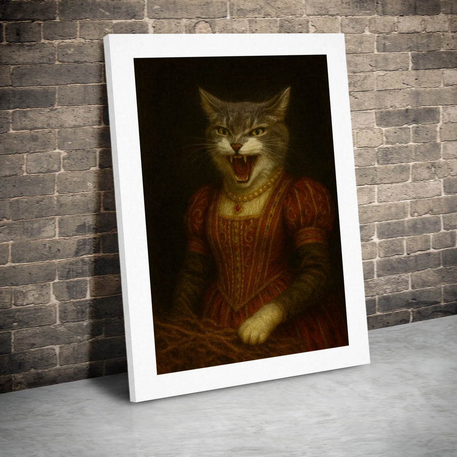 Renaissance Cat Portrait Canvas | Hissing Tabby Royal Queen Art | Premium Gallery Wrap Wall Decor | Whimsical Animal Lover Gift for Home