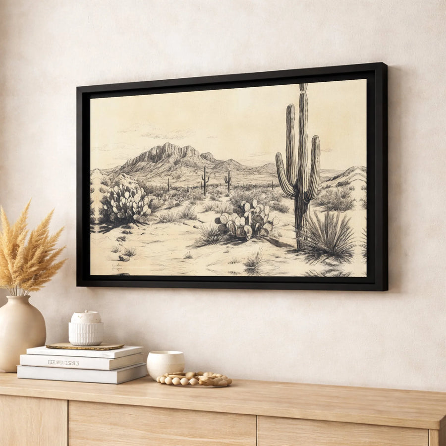 Desert Landscape Canvas Wall Art | Vintage Saguaro Cactus Sketch Print | 1.25" Gallery Wrap Premium Canvas | Southwest Home Decor Gift