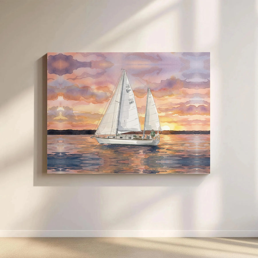 Sailboat at Sunset Canvas Wall Art | Watercolor Coastal Seascape Painting | Premium Gallery Wrapped Canvas | Beach House Decor Gift for Sailors