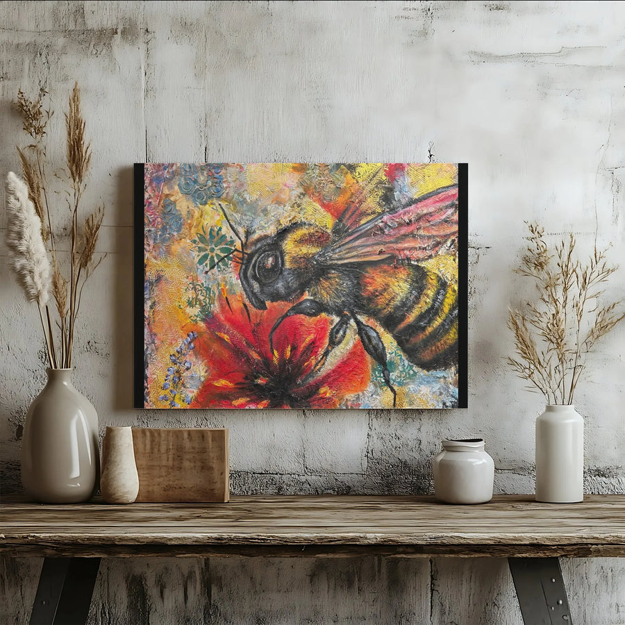 Bumblebee Canvas Wall Art | Textured Abstract Floral Painting | Premium Gallery Wrapped Print | Nature Inspired Home Decor Gift