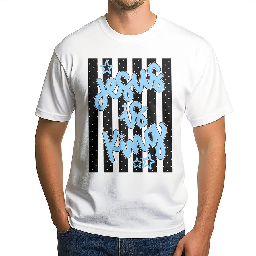 Jesus Is King T-Shirt | Trendy Striped Polka Dot Graphic | Premium Cotton-Poly Blend | Inspirational Gift for Christian Women