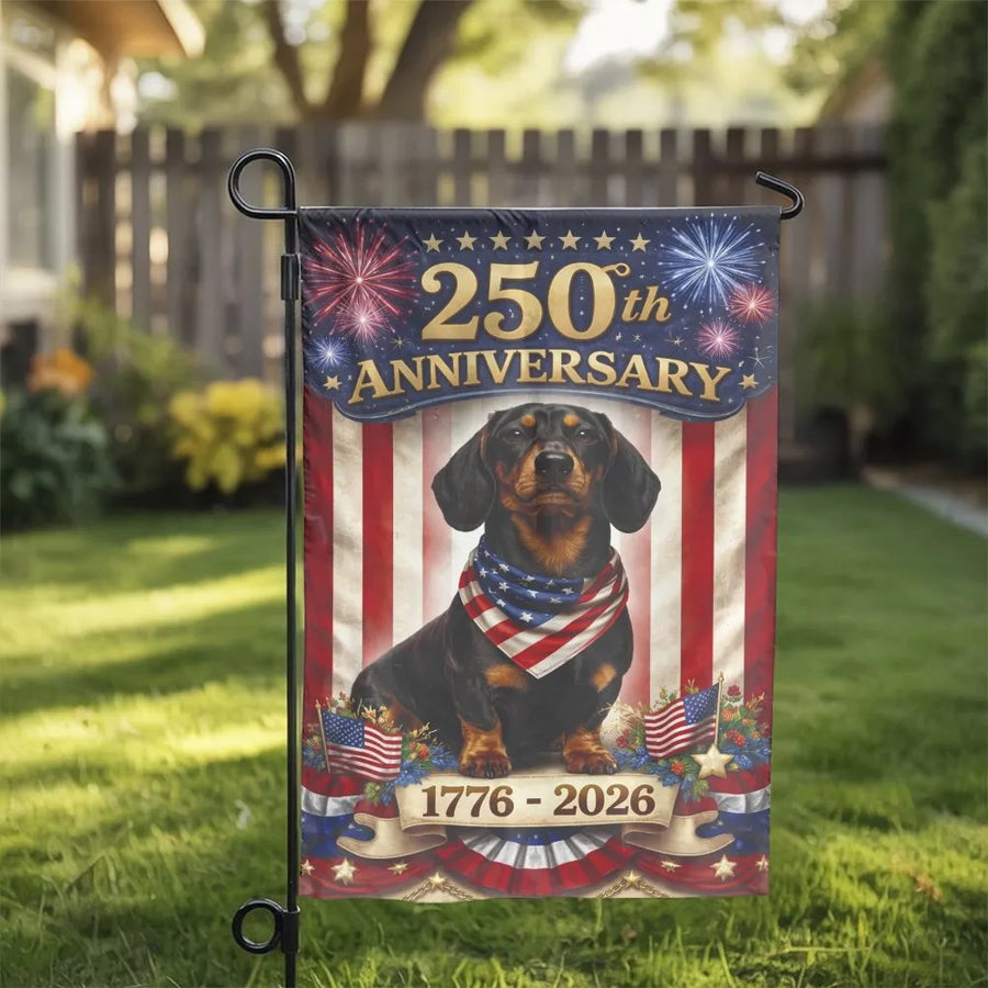 America 250th Anniversary Garden Flag | Patriotic Dachshund Dog | Weather-Resistant Double Sided Fabric | USA Sestercentennial Yard Decor Gift