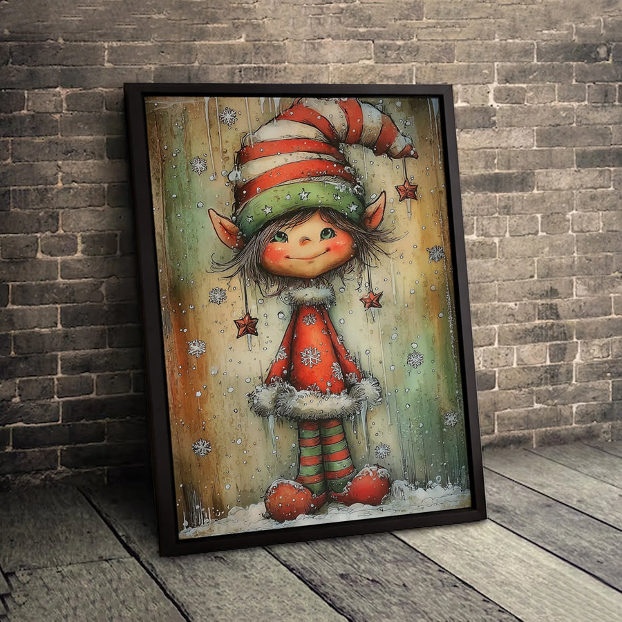 Whimsical Christmas Elf Canvas Wall Art | Festive Winter Snowflakes & Stars | Premium 1.25-Inch Gallery Wrap | Seasonal Holiday Home Decor