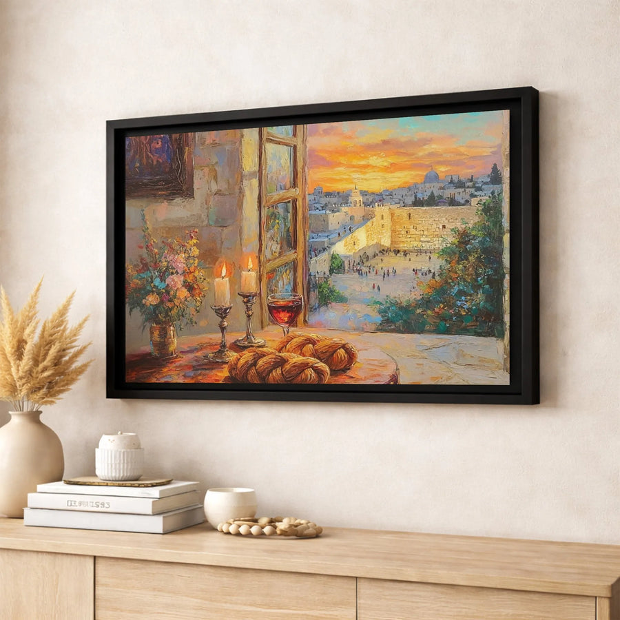 Jerusalem Western Wall Canvas Print | Shabbat Table Challah and Candles Art | Gallery Quality 1.25-inch Profile | Jewish Home Decor and Gift