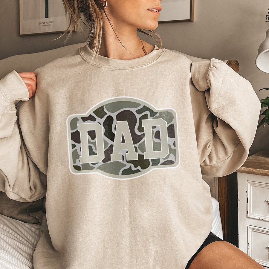 Camo Dad Sweatshirt | Military Pattern Varsity Text | Soft Cotton Blend Unisex Pullover | Premium Gift for Father, Hunting Enthusiast, or Army Veteran