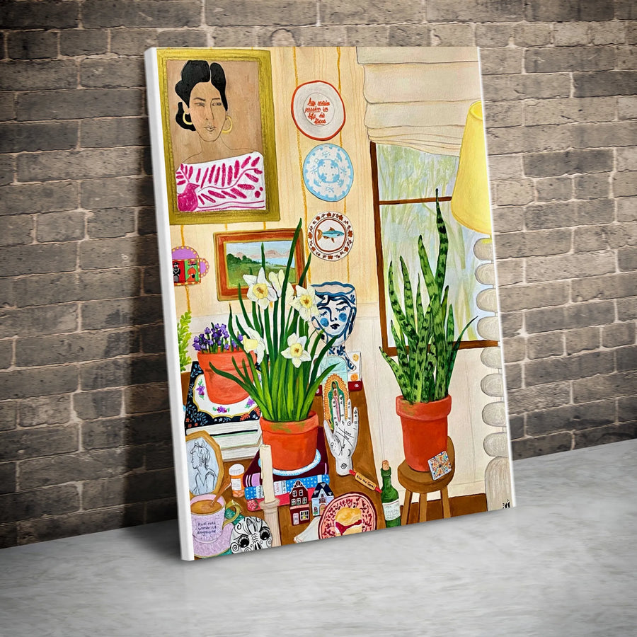 Eclectic Folk Art Canvas Print | Colorful Maximalist Still Life with Books & Plants | Premium Thick Gallery Wrap Canvas | Unique Bohemian Decor Gift for Her