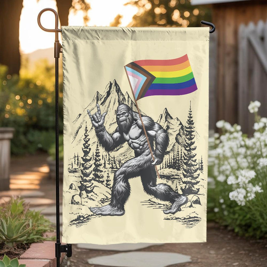 Bigfoot Pride Garden Flag | Progress Flag Sasquatch Design | Premium Polyester Fabric | LGBTQ+ Outdoor Yard Decor Gift