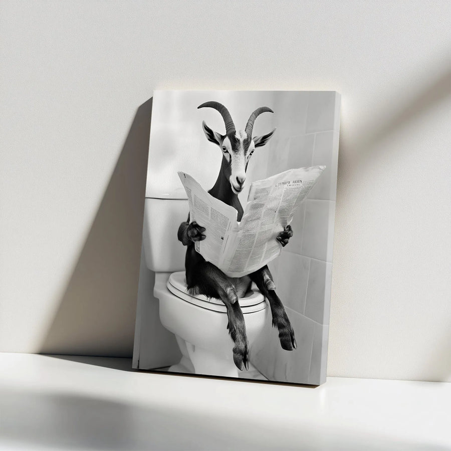 Funny Goat Reading Newspaper on Toilet Canvas | Black and White Bathroom Wall Art | Premium Gallery-Wrapped Print | Unique Home Decor Gift