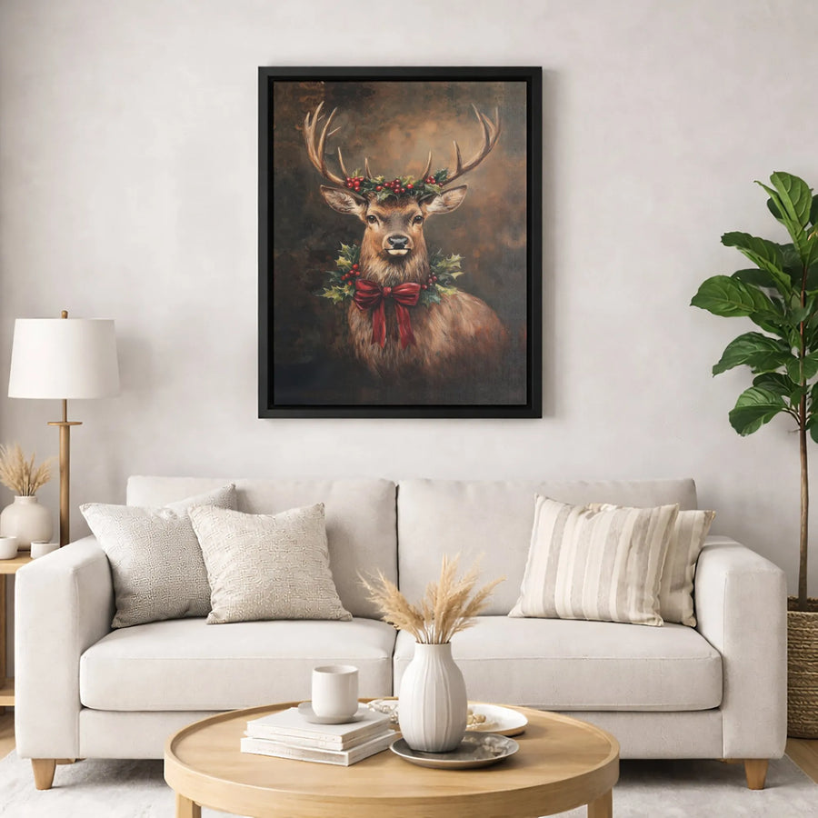 Christmas Stag Canvas Wall Art | Rustic Deer with Holly Wreath and Red Bow | Premium Gallery-Wrapped Print | Festive Holiday Home Decor Gift