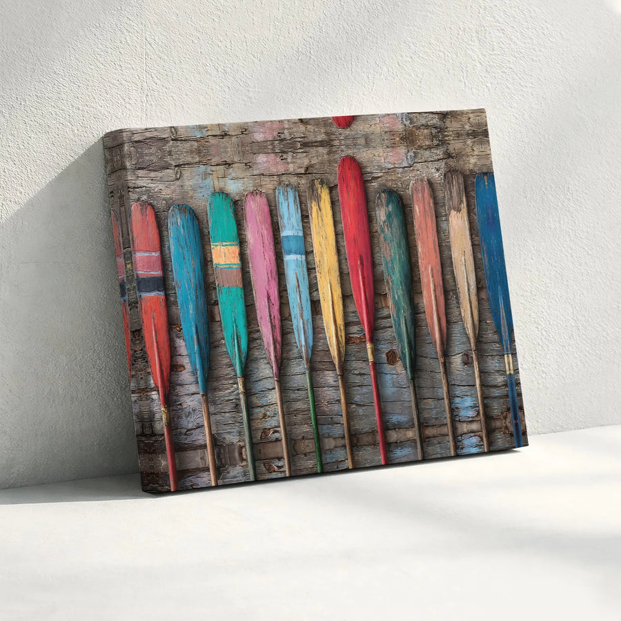 Colorful Paddles Canvas Wall Art | Rustic Row of Weathered Oars Print | Premium 1.25" Gallery Wrap | Coastal Lake House Decor Gift