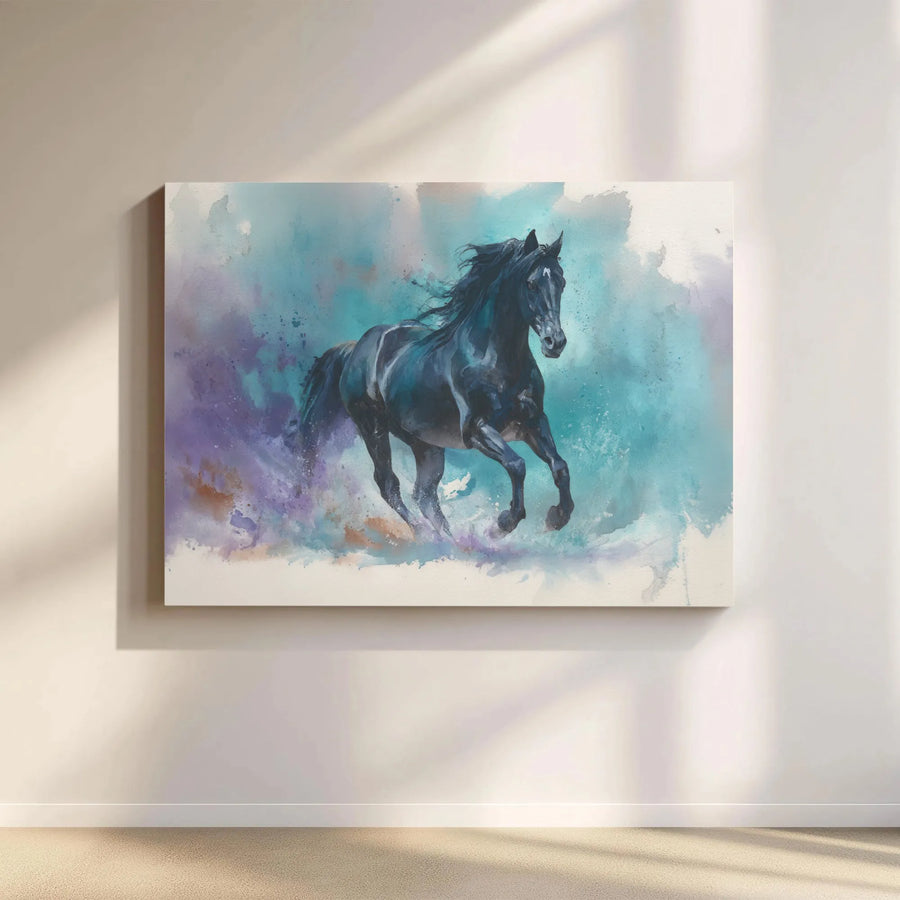 Black Horse Canvas Wall Art | Abstract Watercolor Running Stallion | Premium Gallery Canvas Print | Equestrian Home Decor Gift