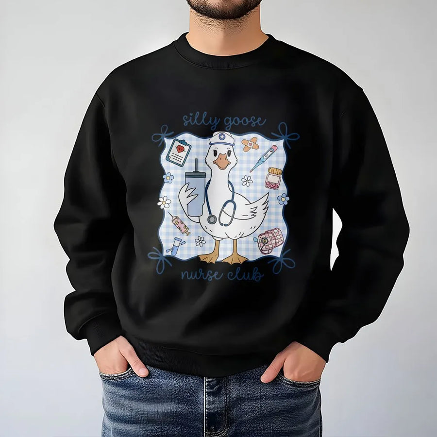 Silly Goose Nurse Club Sweatshirt | Cute Medical Duck Graphic | Cotton-Blend Comfort | Gift for Nursing Student, RN, LPN, or Nurse Practitioner