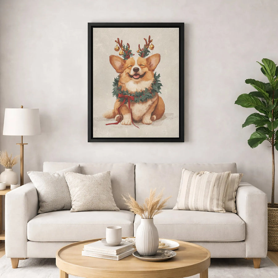 Christmas Corgi Canvas Wall Art | Smiling Puppy With Reindeer Antlers & Wreath | Gallery-Quality Premium Print | Festive Holiday Decor Gift
