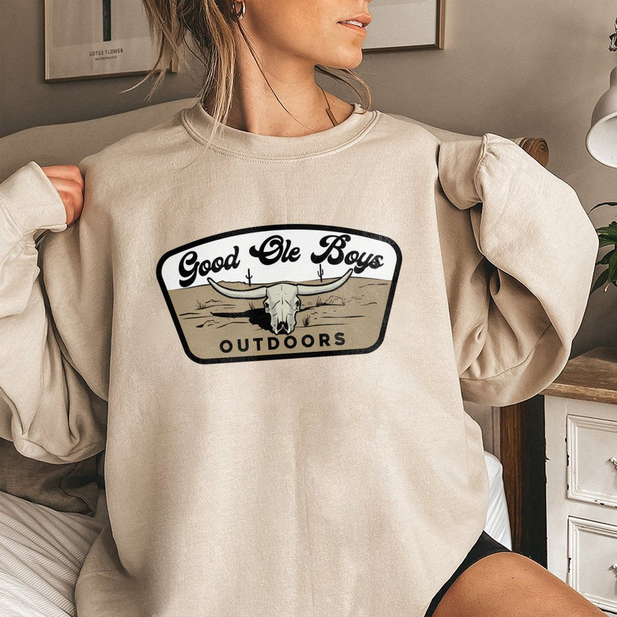 Good Ole Boys Outdoors Sweatshirt Western Longhorn Skull Graphic,Perfect For Hunting,Country Lifestyle,And Outdoor Adven