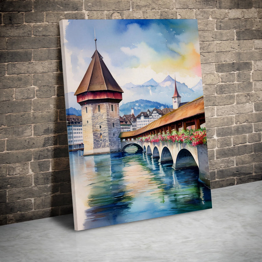 Lucerne Switzerland Canvas Wall Art | Watercolor Chapel Bridge Print | Premium Gallery Canvas | Swiss Home Decor Gift for Traveler
