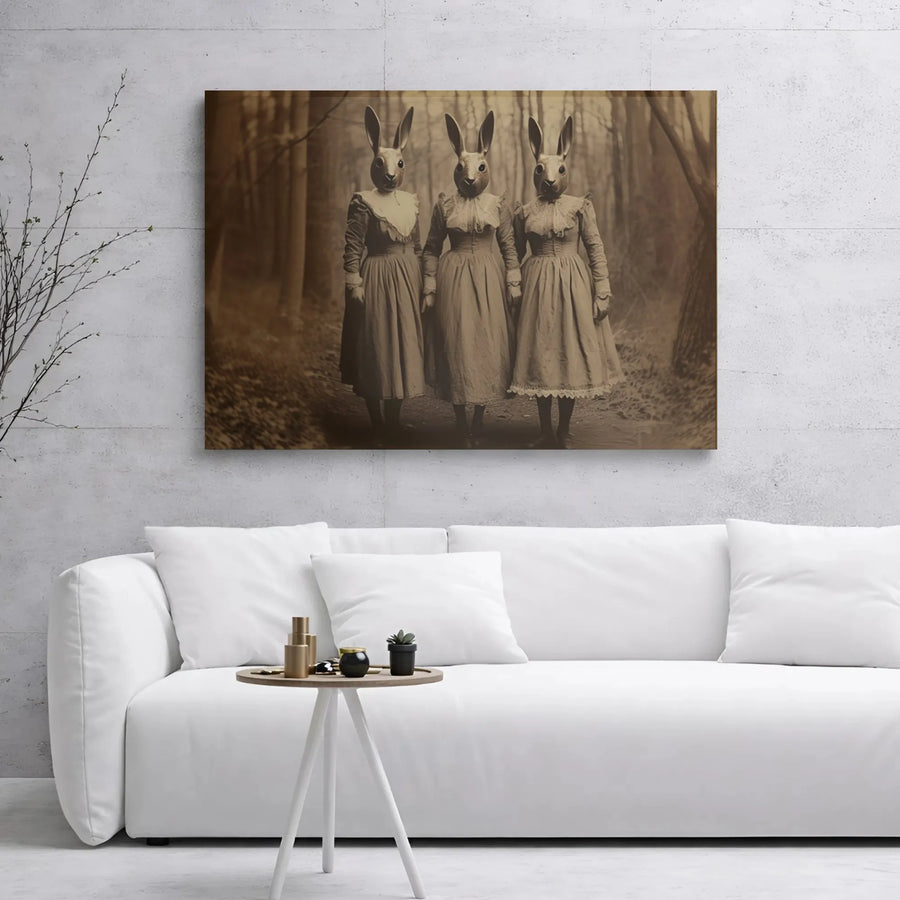 Surreal Bunny People Canvas Art | Victorian Rabbit Trio Gothic Decor | Premium Gallery Wrap Wall Print | Spooky Forest Photography Gift