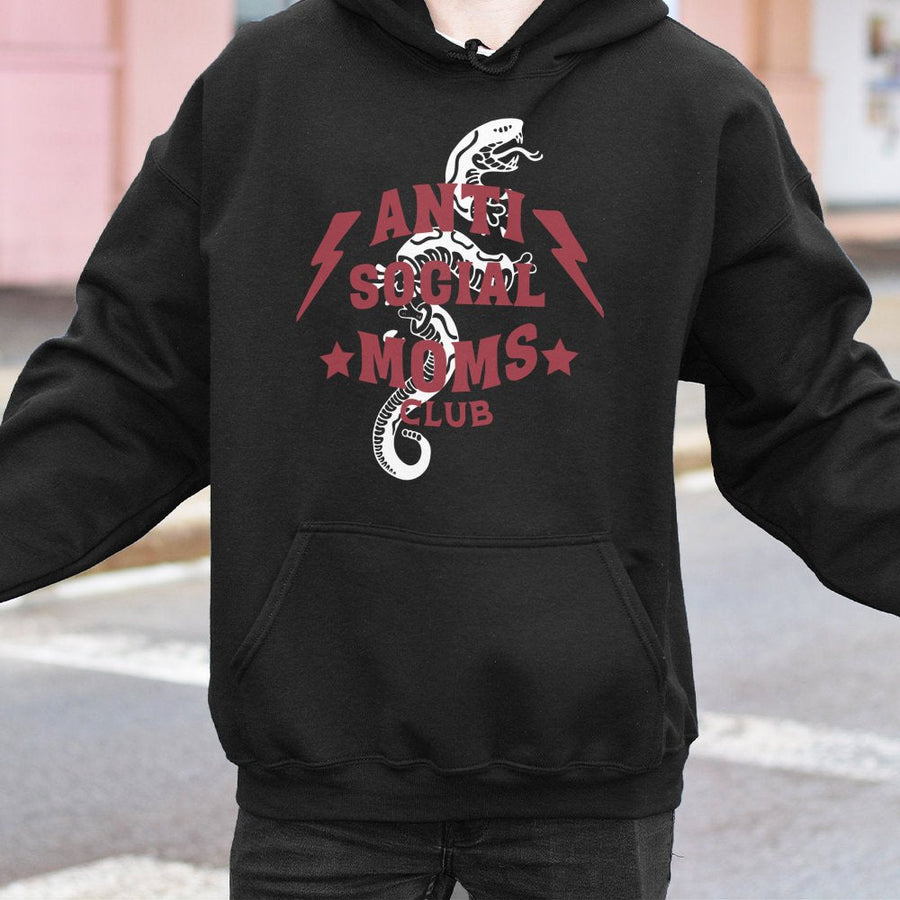 Anti Social Moms Club Hoodie | Edgy Snake Graphic Print | Cotton-Blend Premium Comfort | Funny Motherhood Gift for New Mom
