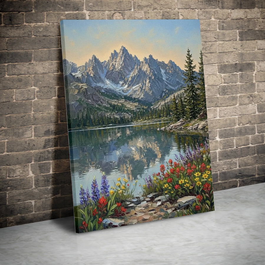 Mountain Lake Canvas Wall Art | Textured Wildflower Painting Print | Premium 1.25" Thick Gallery Wrap | Rustic Cabin Decor Gift for Nature Lovers