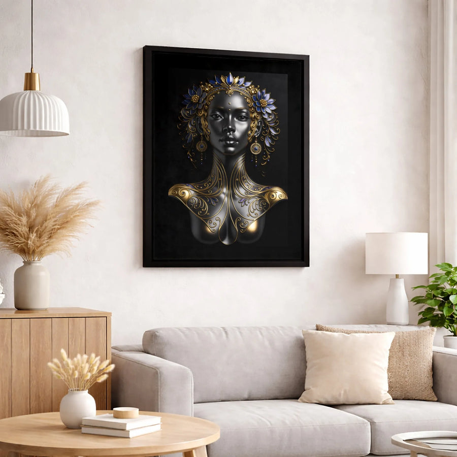 Black Queen Wall Art | Gold and Blue Floral Portrait | Premium 1.25 Inch Gallery Wrapped Canvas | Luxury African Decor for Home or Office Gift