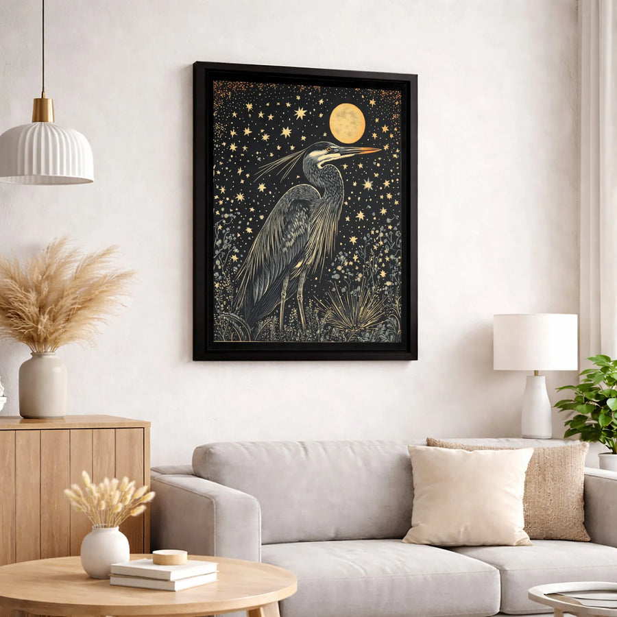 Great Blue Heron Canvas Wall Art | Celestial Moon and Stars Graphic | Premium Fade-Resistant Gallery Wrap | Mystical Nature Home Decor Gift