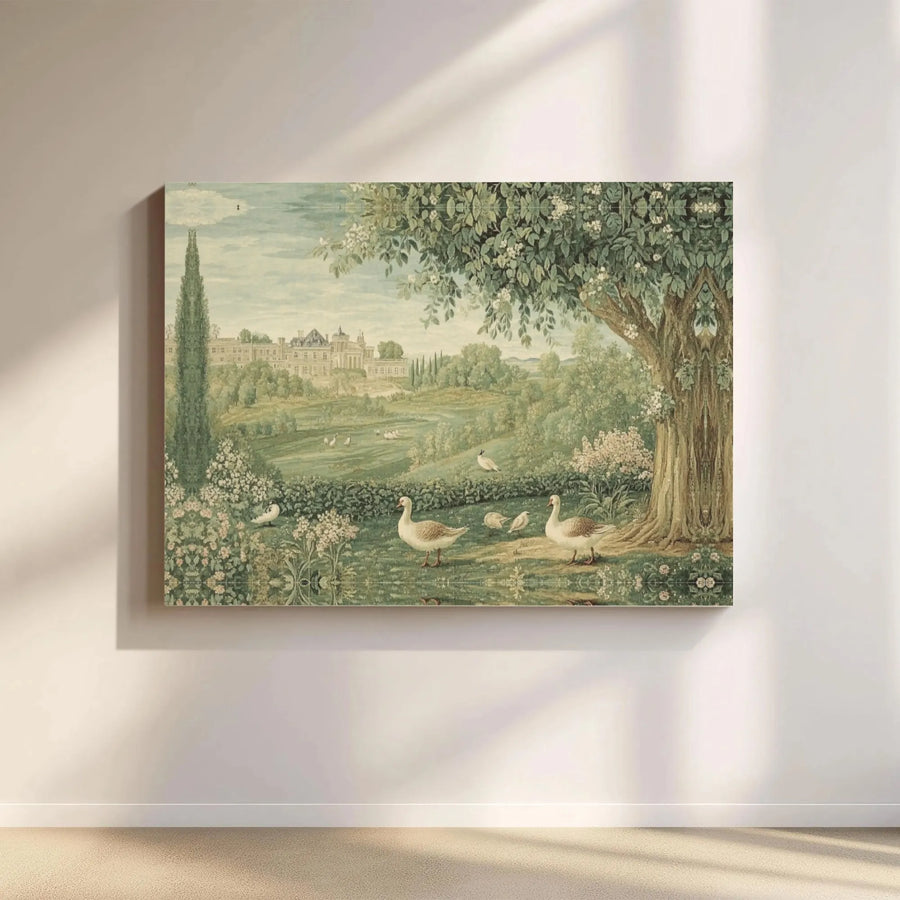 Vintage Landscape Canvas Print | European Chateau with Geese Art | Premium Gallery Wrapped 1.25" Profile | Classical Home Decor Gift
