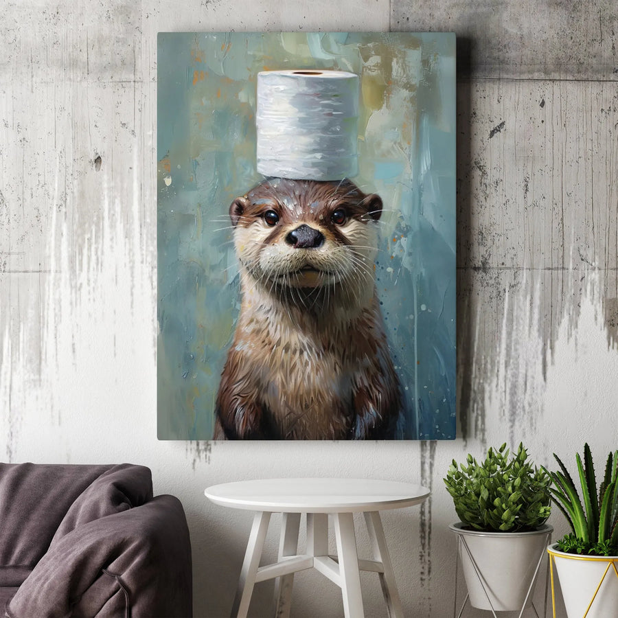 Funny Otter Canvas Wall Art | Otter with Toilet Paper Roll Painting | Premium Gallery Wrapped Canvas | Unique Bathroom Decor Gift