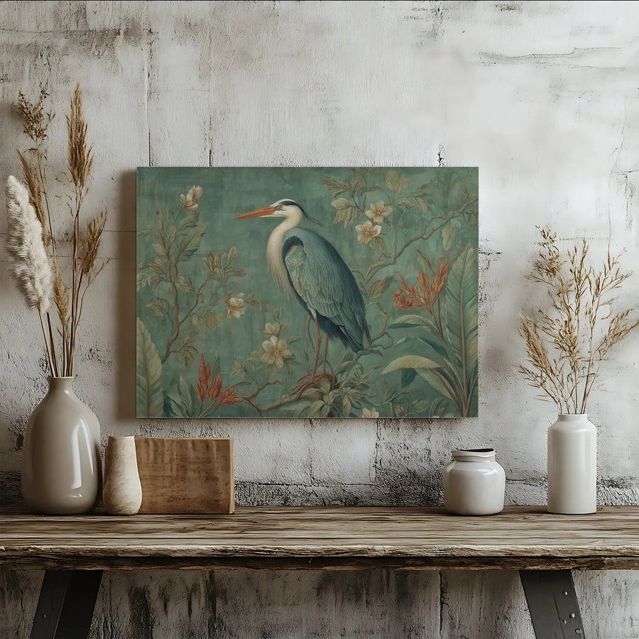 Vintage Heron Canvas Wall Art | Chinoiserie Botanical Bird Print | Premium Fade-Resistant Ink | Nature Lover Home Decor Gift
