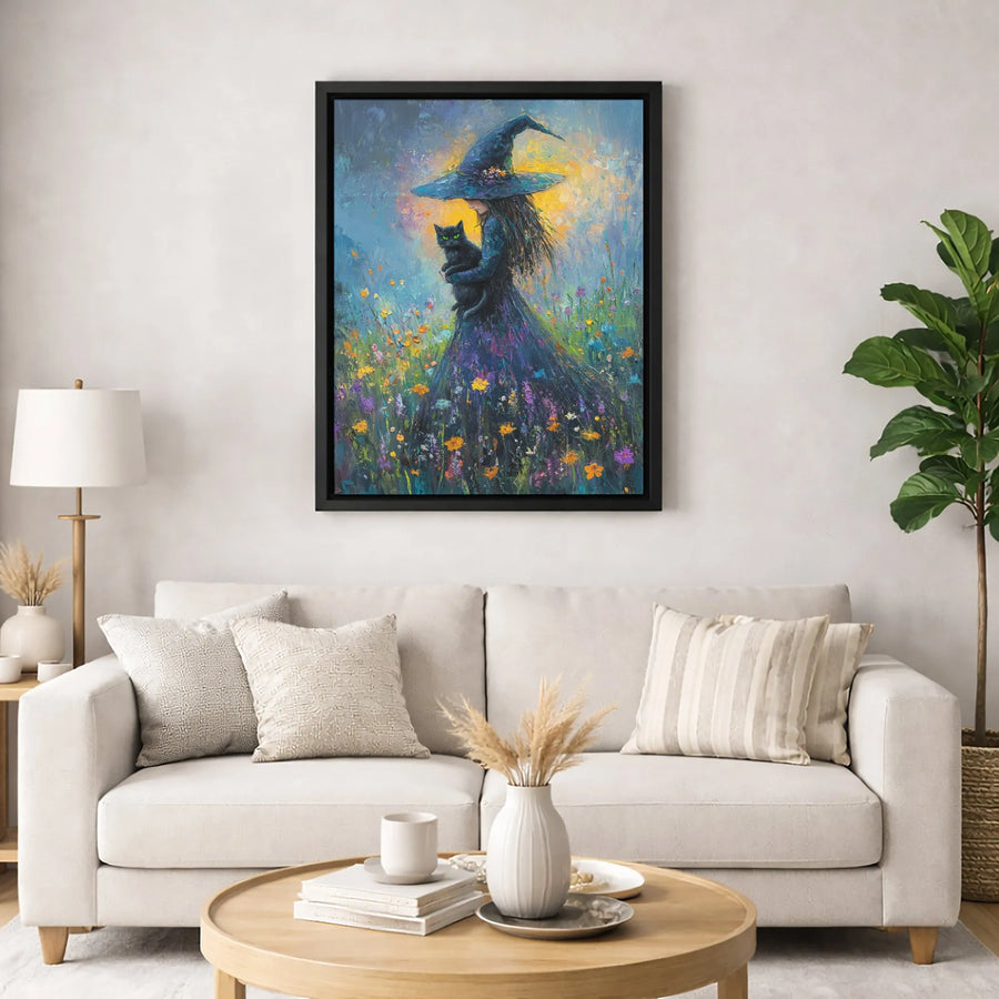 Witch With Black Cat Canvas Print | Whimsical Wildflower Meadow Oil Painting Style | 1.25-Inch Gallery Wrap | Gothic Cottagecore Home Decor Gift