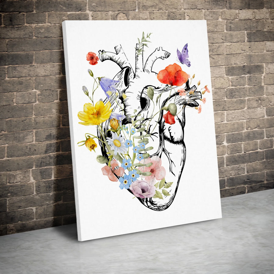 Anatomical Heart Canvas Art | Botanical Wildflower & Butterfly Sketch | Premium Fade-Resistant Gallery Wrap | Gift for Nurse or Doctor