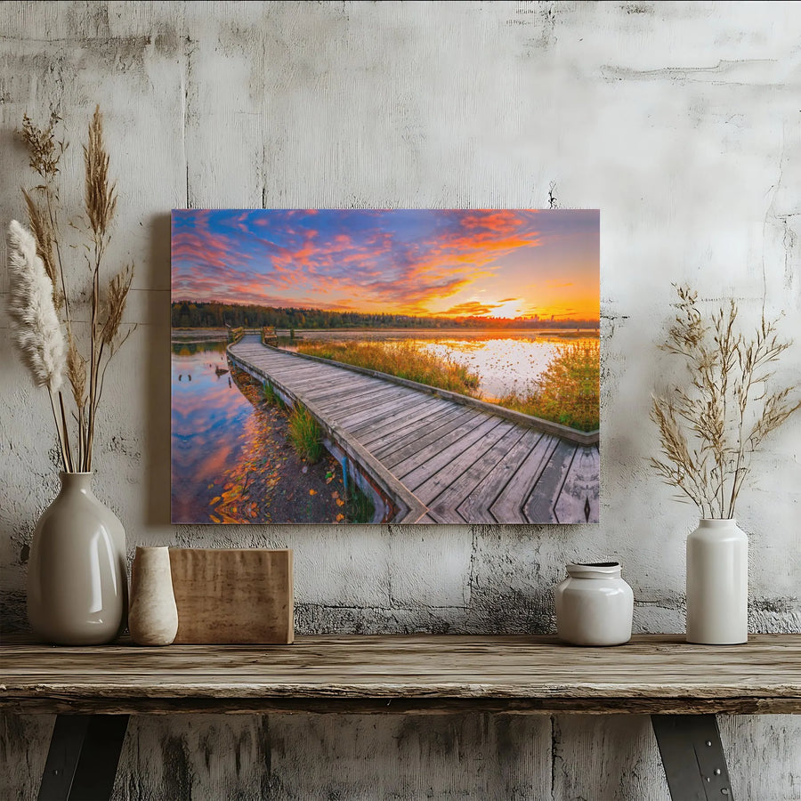 Sunset Lake Canvas Print | Wooden Boardwalk Landscape Art | Premium Gallery Wrapped 1.25" Profile | Serene Nature Wall Decor for Living Room