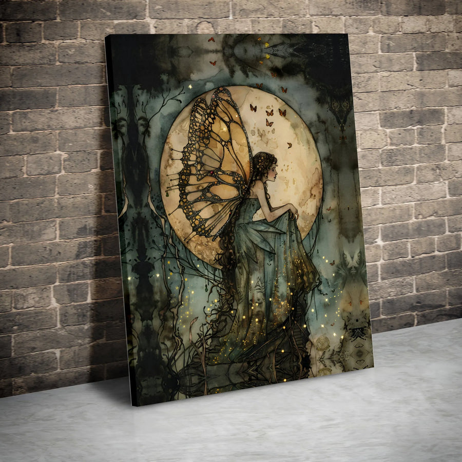 Fairy Wall Art | Monarch Butterfly Wings Moon Canvas Print | Gallery Wrap Home Decor | Magical Fantasy Aesthetic Gift for Her