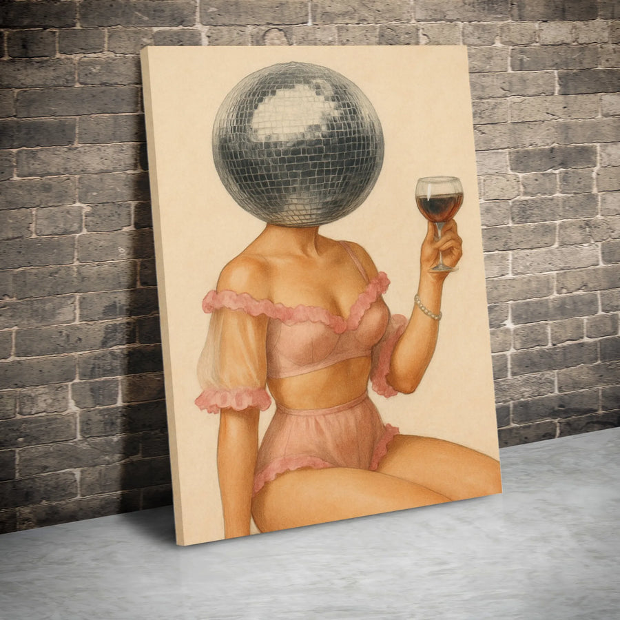 Disco Ball Head Vertical Canvas | Surreal Woman with Wine Glass Art Print | Premium Thick Profile Canvas | Eclectic Bar Cart Decor & Unique Gift