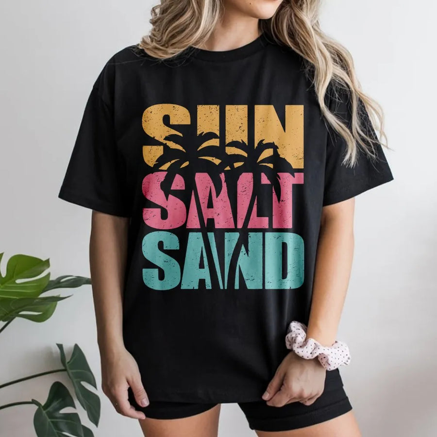 Sun Salt Sand Beach T-Shirt | Retro Palm Tree Graphic | Cozy Cotton Blend Pullover | Summer Vacation Gift for Women